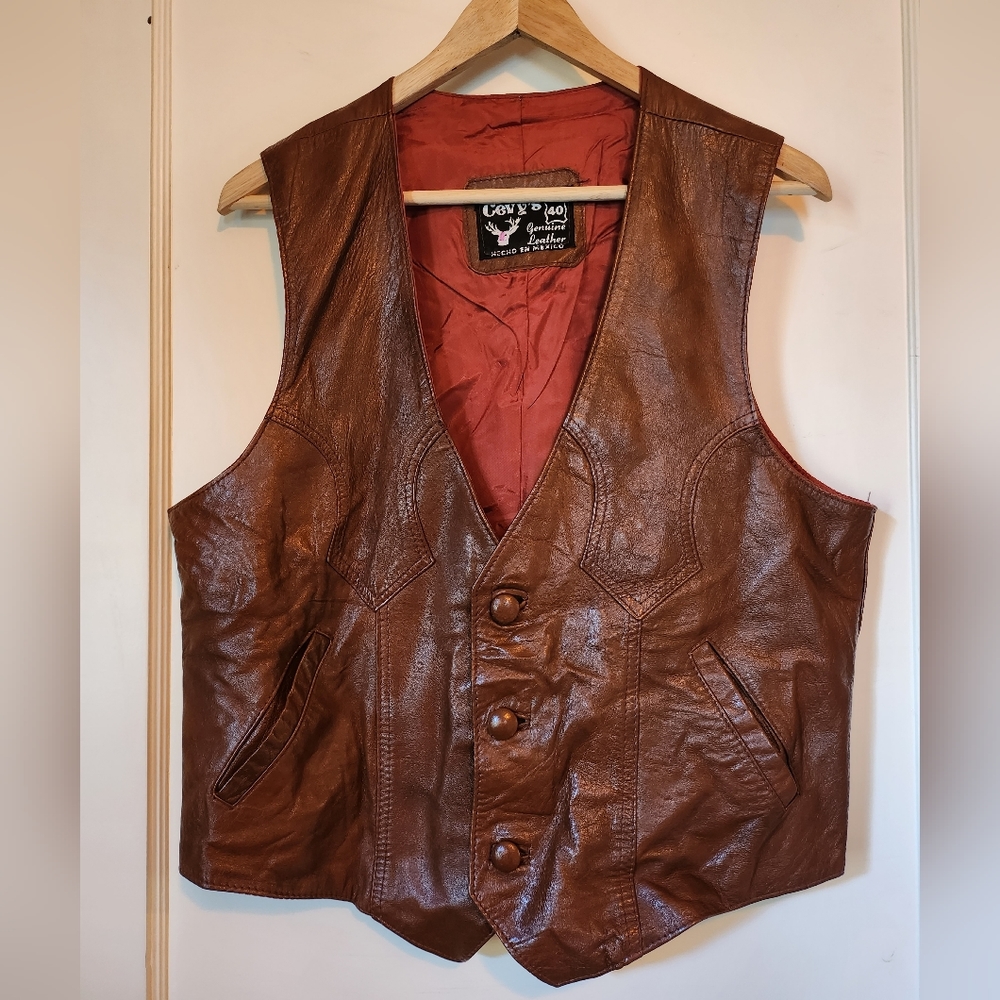 MEXICAN LEATHER BROWN WESTERN VEST Cevy's MEXICO Vintage 1980s (size 40)